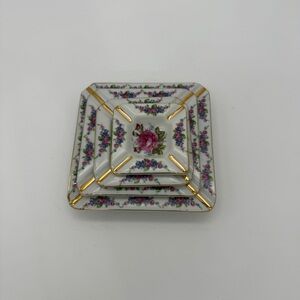 Vtg. Victorian Stacking Nesting Ashtrays Hand Painted English Rose Set 4